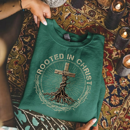 Rooted In Christ Wooden Cross With Growing Roots Design - Minimalist Faith - Unisex Tshirt / Hoodie / Sweatshirt - Faith Guided Life