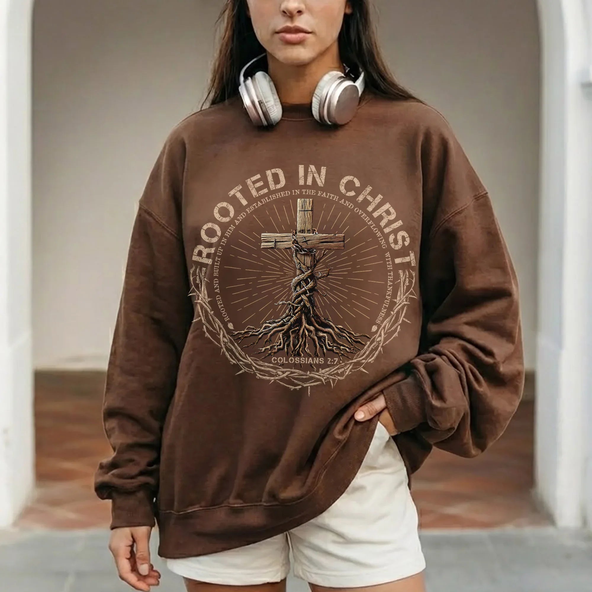 Rooted In Christ Wooden Cross With Growing Roots Design - Minimalist Faith - Unisex Tshirt / Hoodie / Sweatshirt - Faith Guided Life