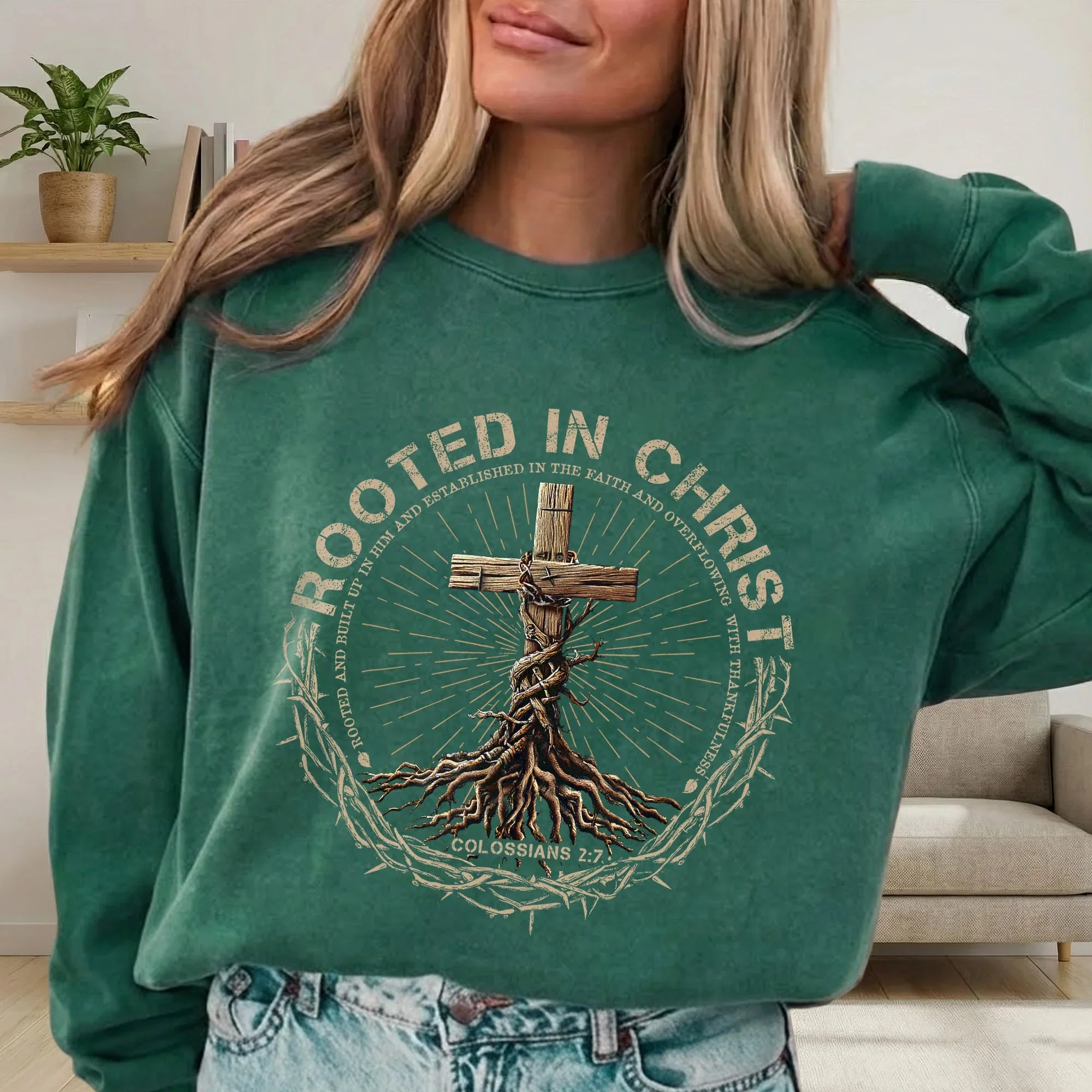 Rooted In Christ Wooden Cross With Growing Roots Design - Minimalist Faith - Unisex Tshirt / Hoodie / Sweatshirt - Faith Guided Life