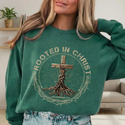 Rooted In Christ Wooden Cross With Growing Roots Design - Minimalist Faith - Unisex Tshirt / Hoodie / Sweatshirt - Faith Guided Life