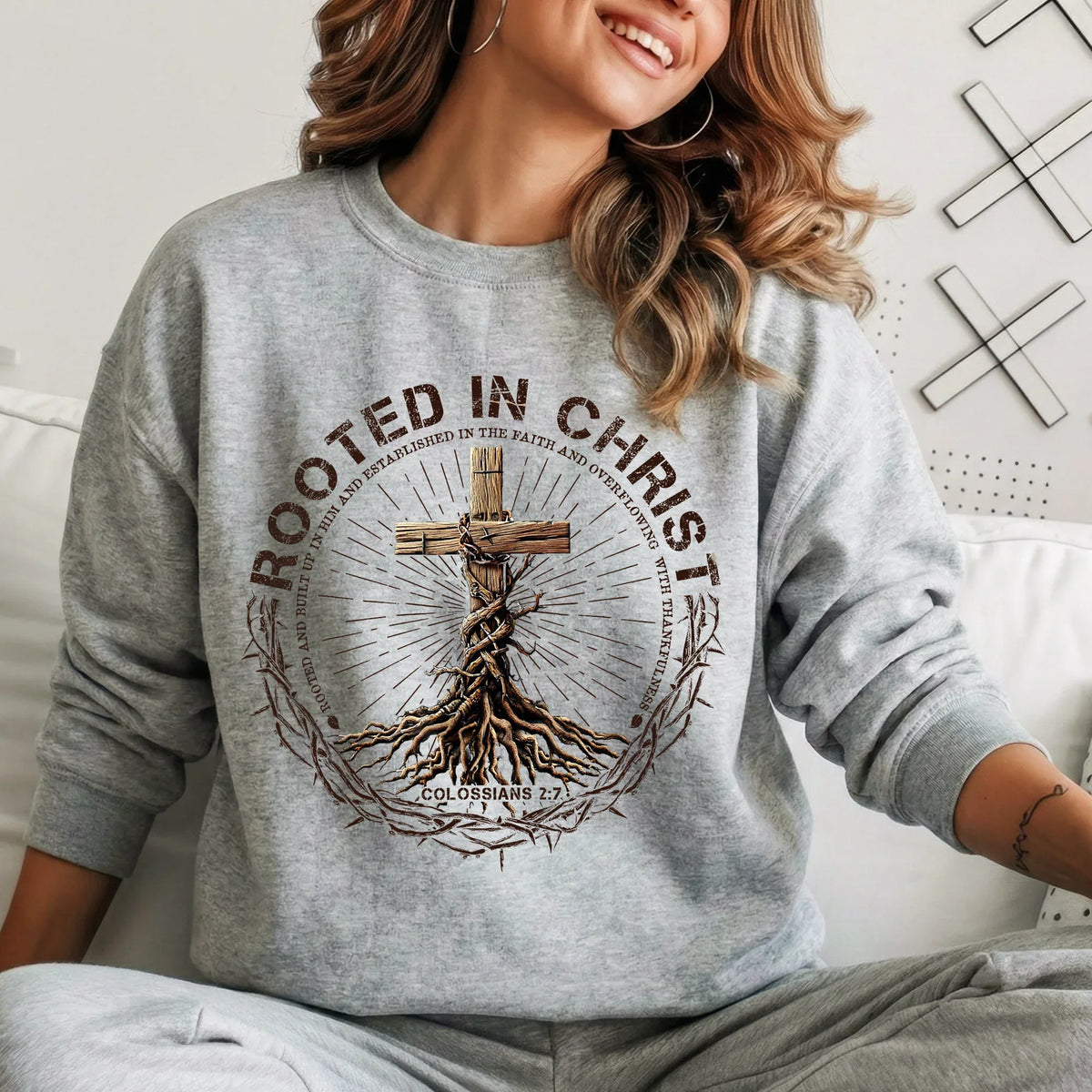 Rooted In Christ Wooden Cross With Growing Roots Design - Minimalist Faith - Unisex Tshirt / Hoodie / Sweatshirt - Faith Guided Life