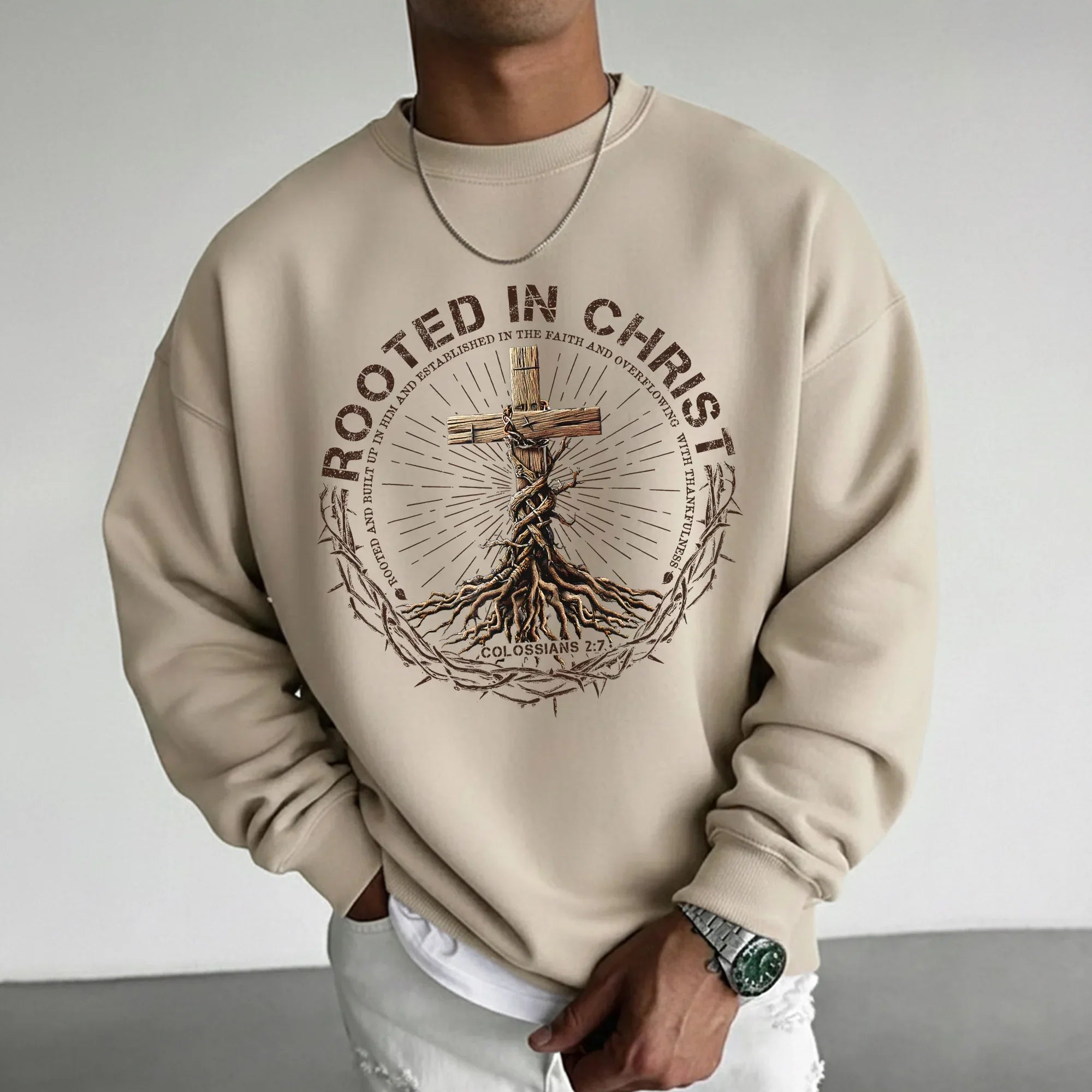 Rooted In Christ Wooden Cross With Growing Roots Design - Minimalist Faith - Unisex Tshirt / Hoodie / Sweatshirt - Faith Guided Life