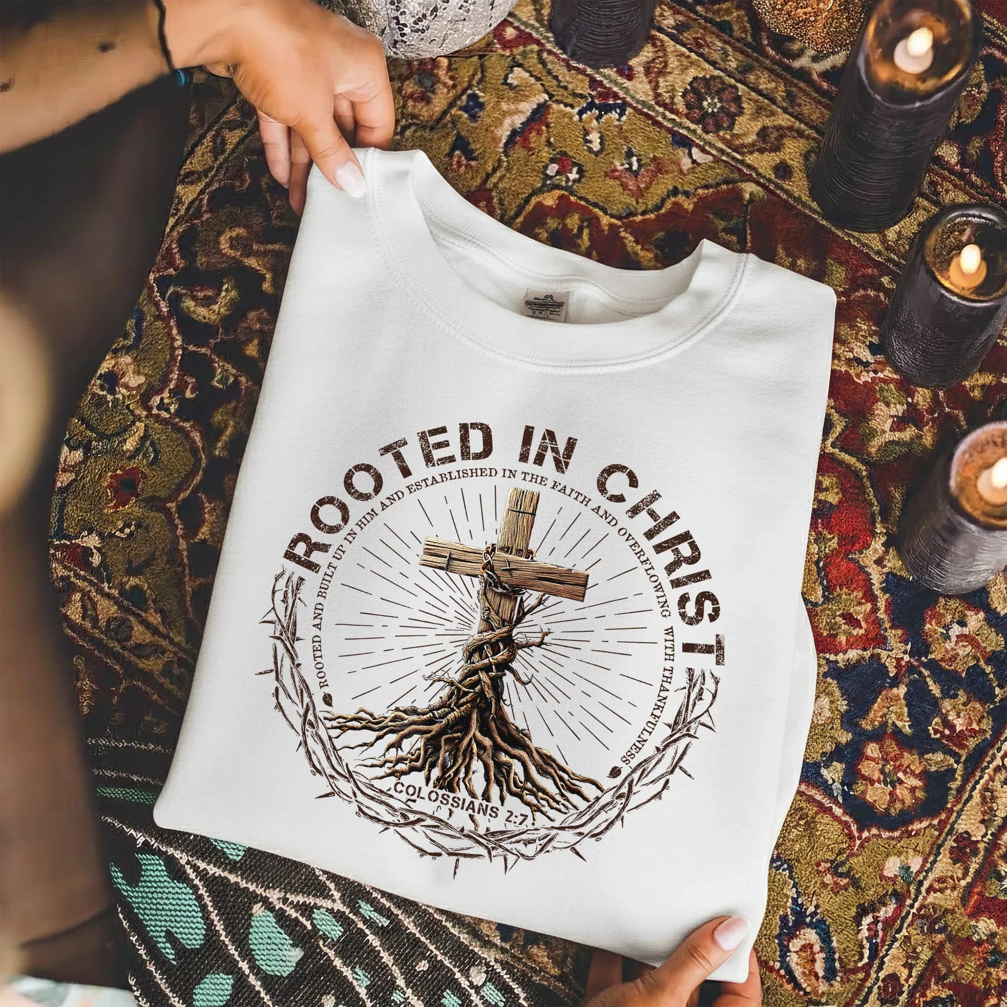 Rooted In Christ Wooden Cross With Growing Roots Design - Minimalist Faith - Unisex Tshirt / Hoodie / Sweatshirt - Faith Guided Life
