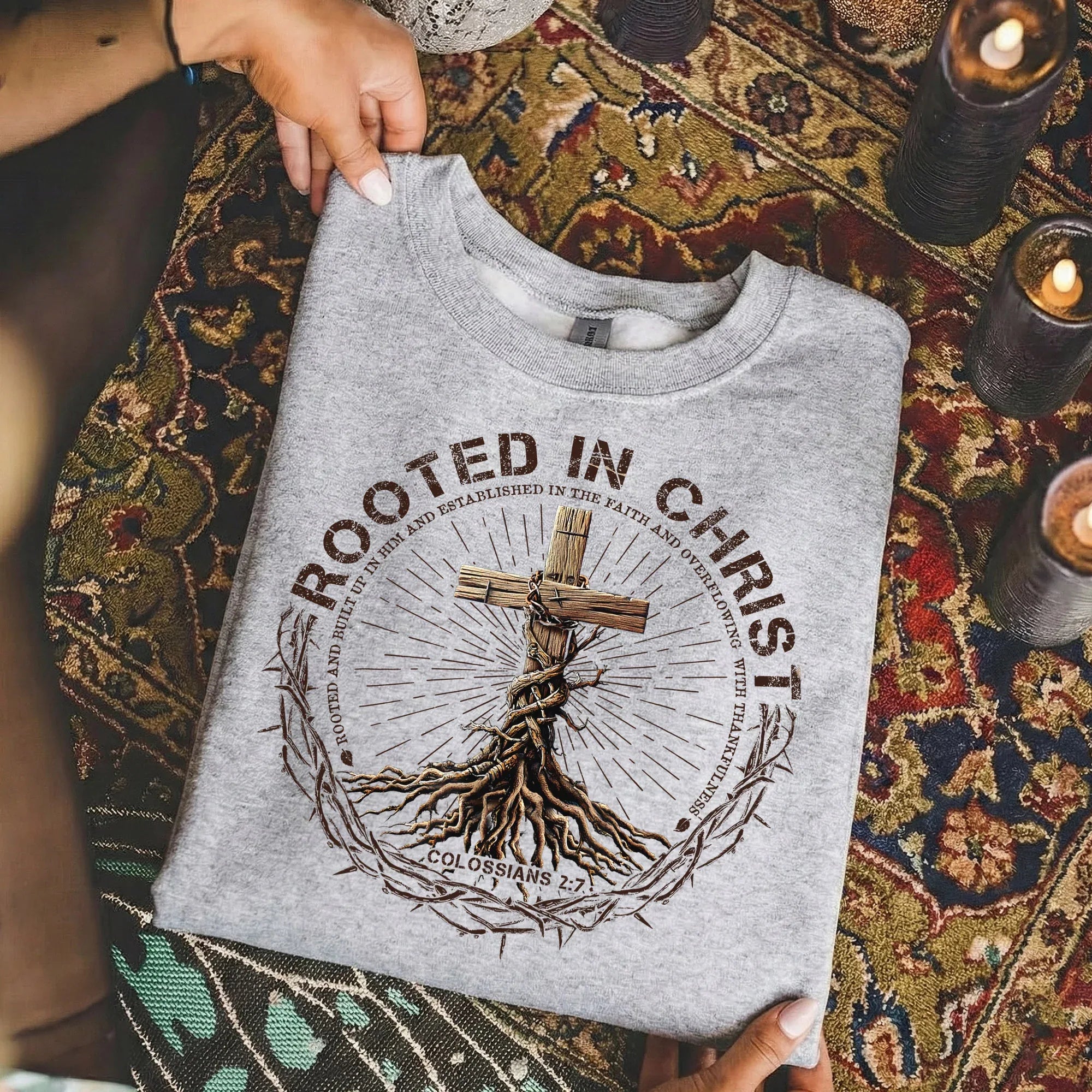 Rooted In Christ Wooden Cross With Growing Roots Design - Minimalist Faith - Unisex Tshirt / Hoodie / Sweatshirt - Faith Guided Life