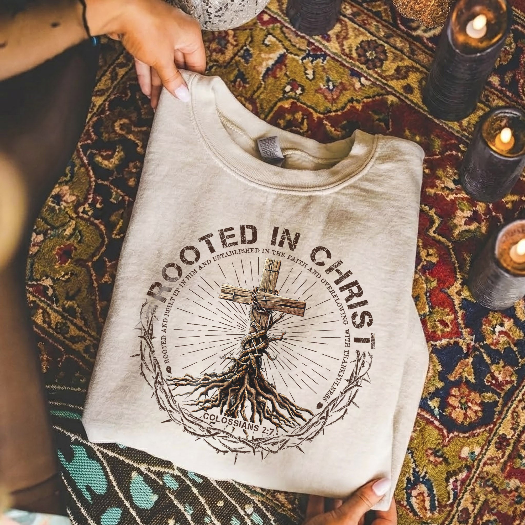 Rooted In Christ Wooden Cross With Growing Roots Design - Minimalist Faith - Unisex Tshirt / Hoodie / Sweatshirt - Faith Guided Life