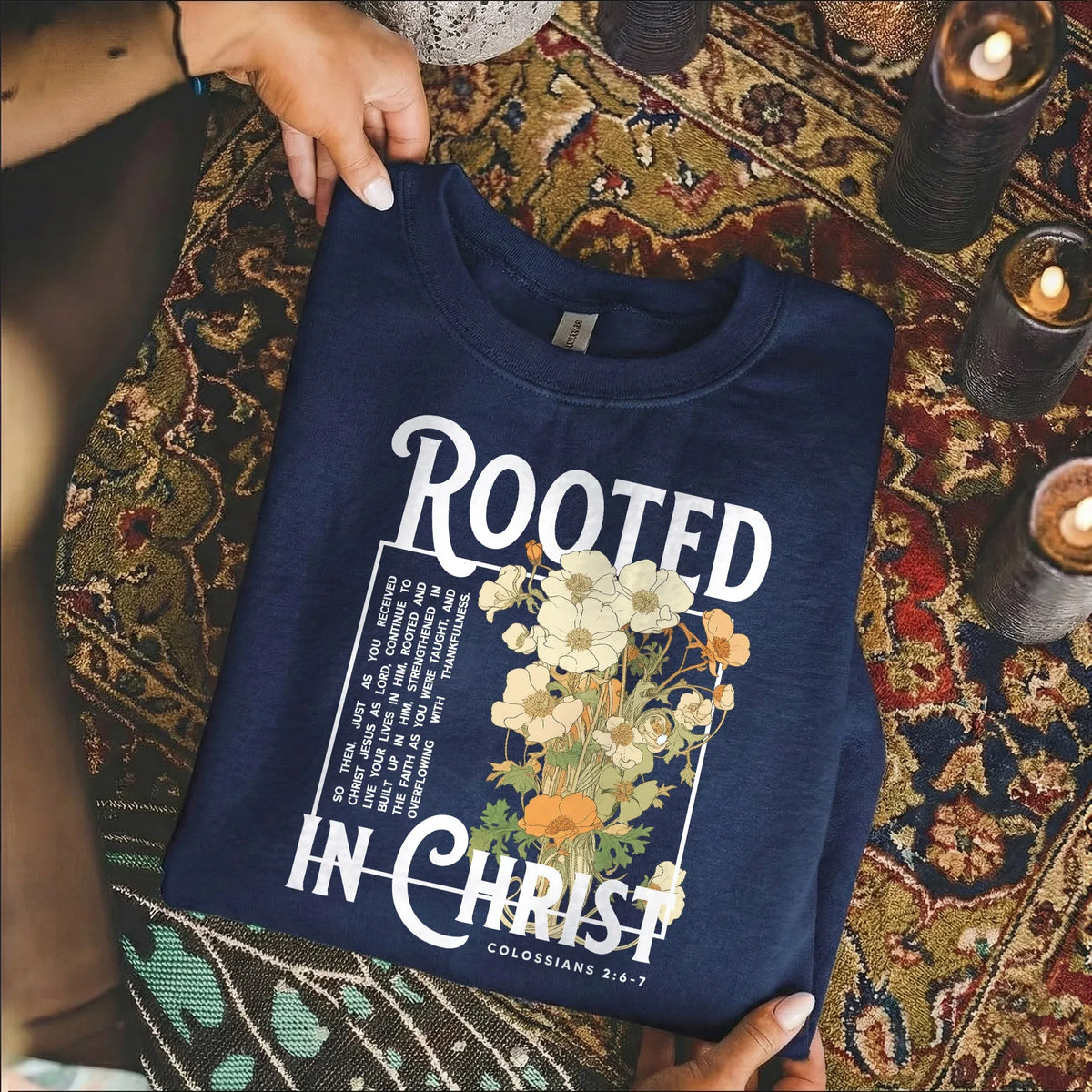 Rooted In Christ Wooden Cross With Growing Roots Design - Faith Floral - Unisex Tshirt / Hoodie / Sweatshirt - Faith Guided Life