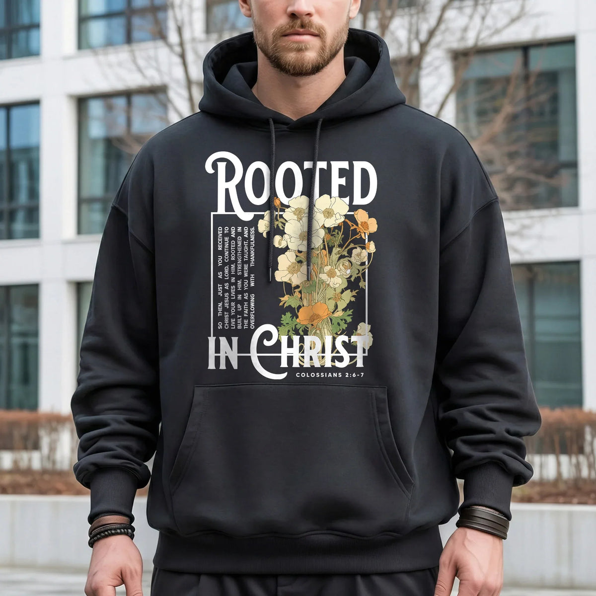Rooted In Christ Wooden Cross With Growing Roots Design - Faith Floral - Unisex Tshirt / Hoodie / Sweatshirt - Faith Guided Life