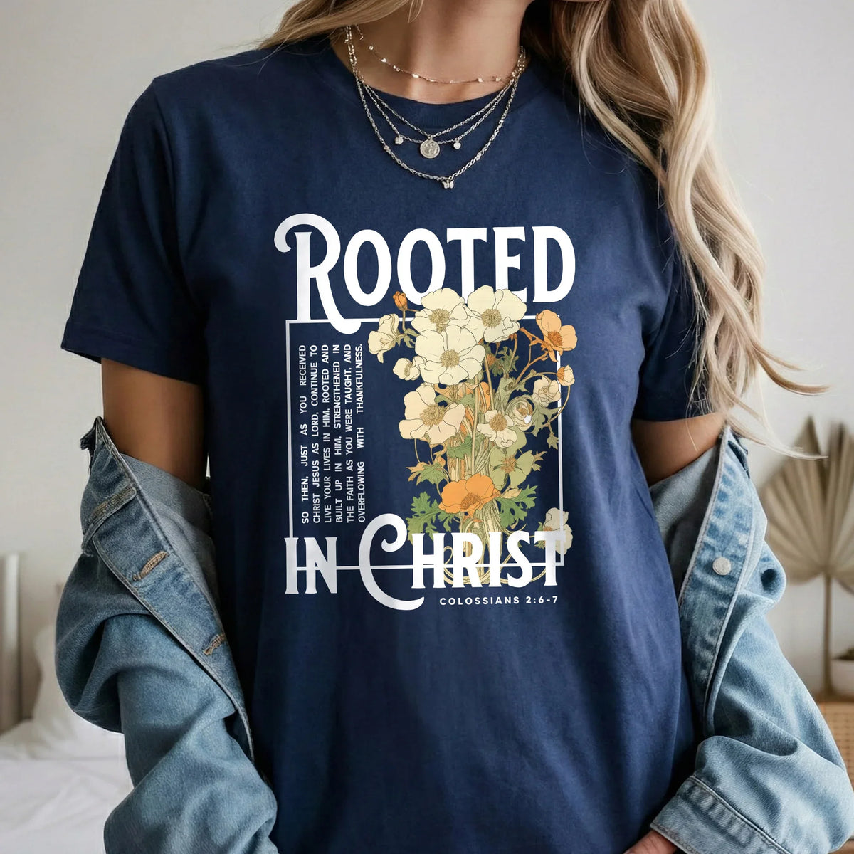 Rooted In Christ Wooden Cross With Growing Roots Design - Faith Floral - Unisex Tshirt / Hoodie / Sweatshirt - Faith Guided Life