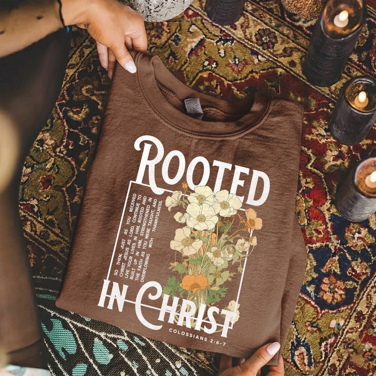 Rooted In Christ Wooden Cross With Growing Roots Design - Faith Floral - Unisex Tshirt / Hoodie / Sweatshirt - Faith Guided Life