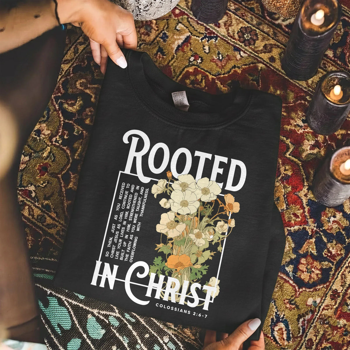 Rooted In Christ Wooden Cross With Growing Roots Design - Faith Floral - Unisex Tshirt / Hoodie / Sweatshirt - Faith Guided Life