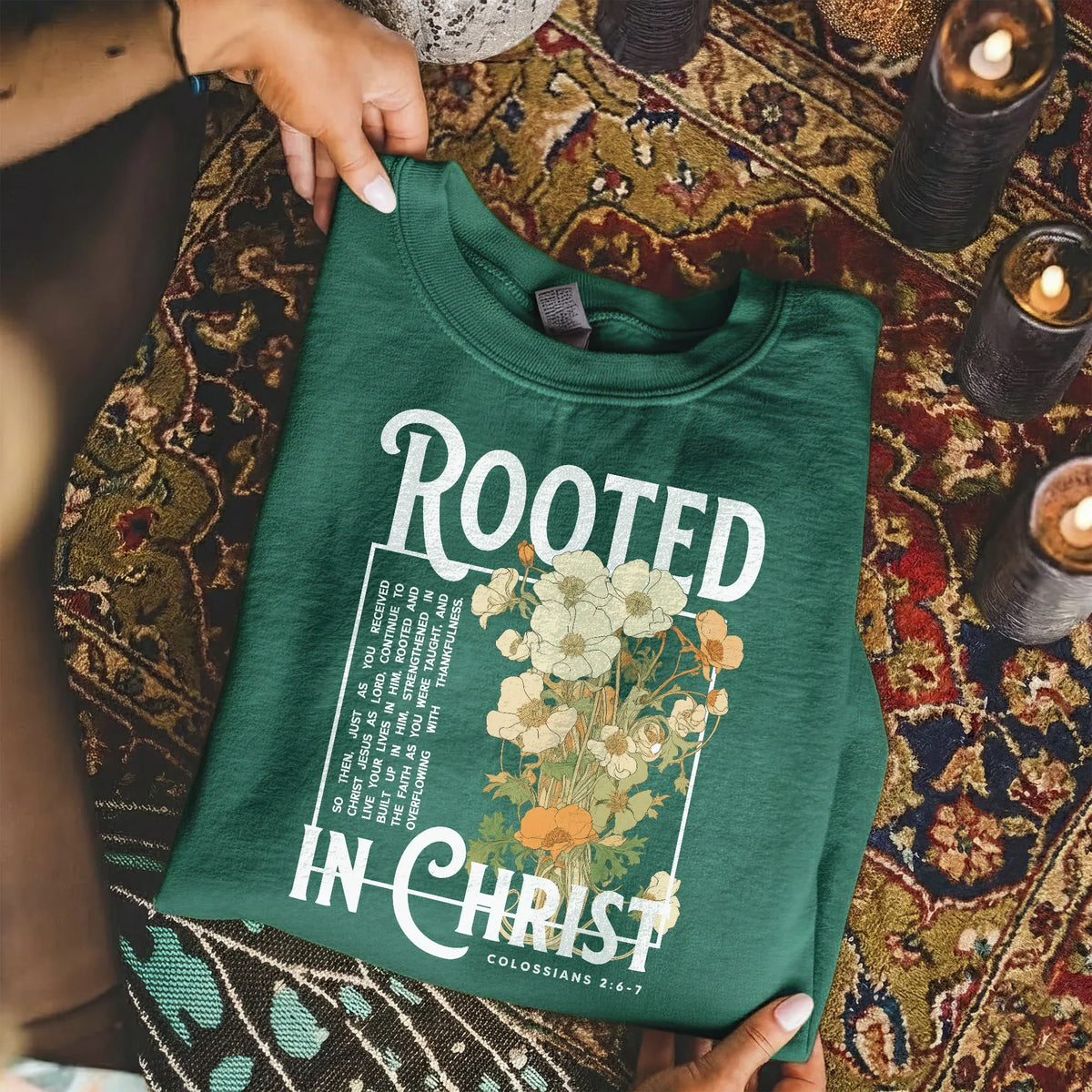 Rooted In Christ Wooden Cross With Growing Roots Design - Faith Floral - Unisex Tshirt / Hoodie / Sweatshirt - Faith Guided Life