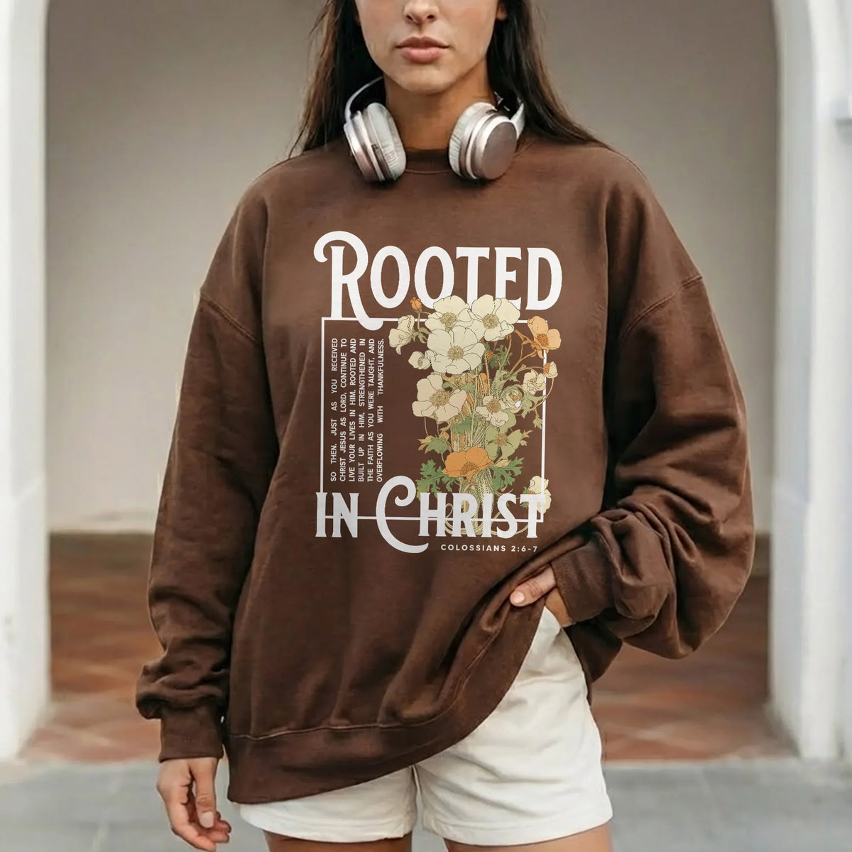Rooted In Christ Wooden Cross With Growing Roots Design - Faith Floral - Unisex Tshirt / Hoodie / Sweatshirt - Faith Guided Life