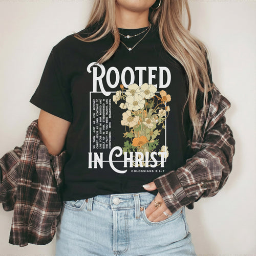 Rooted In Christ Wooden Cross With Growing Roots Design - Faith Floral - Unisex Tshirt / Hoodie / Sweatshirt