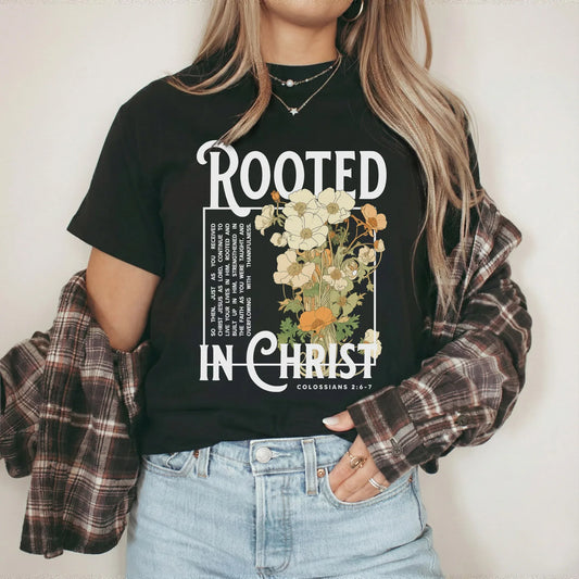 Rooted In Christ Wooden Cross With Growing Roots Design - Faith Floral - Unisex Tshirt / Hoodie / Sweatshirt - Faith Guided Life
