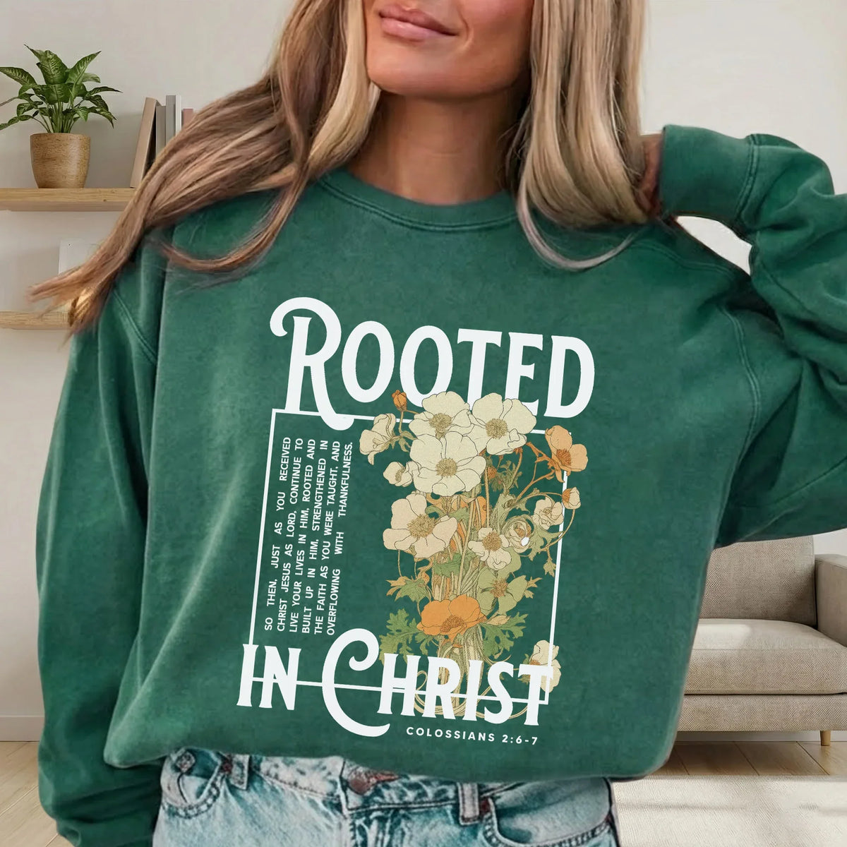 Rooted In Christ Wooden Cross With Growing Roots Design - Faith Floral - Unisex Tshirt / Hoodie / Sweatshirt - Faith Guided Life