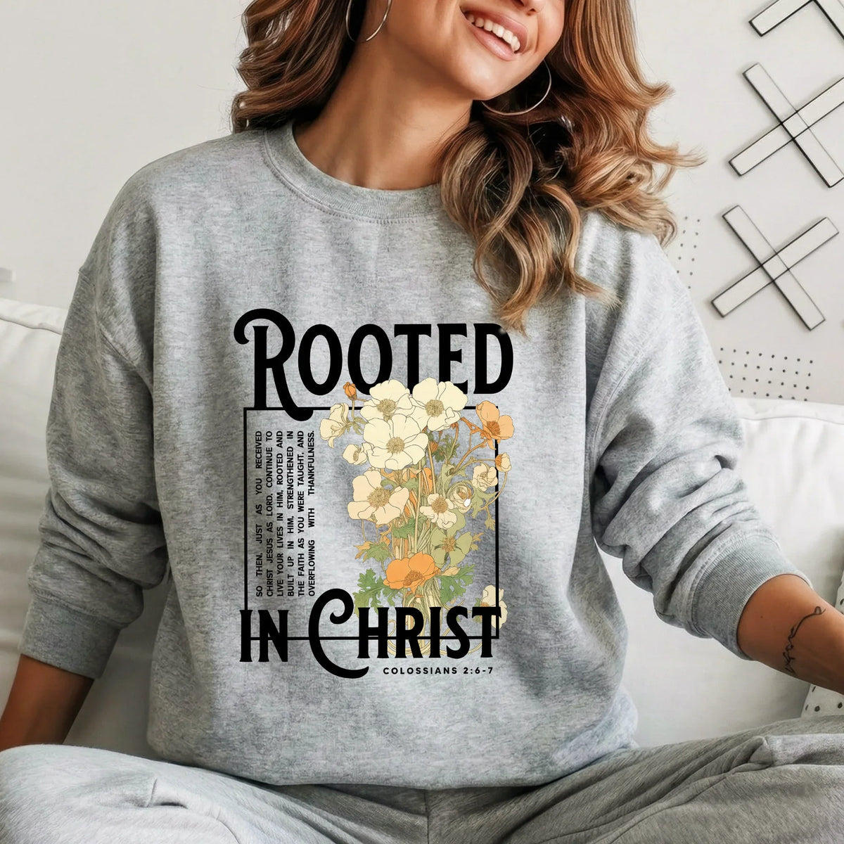 Rooted In Christ Wooden Cross With Growing Roots Design - Faith Floral - Unisex Tshirt / Hoodie / Sweatshirt - Faith Guided Life