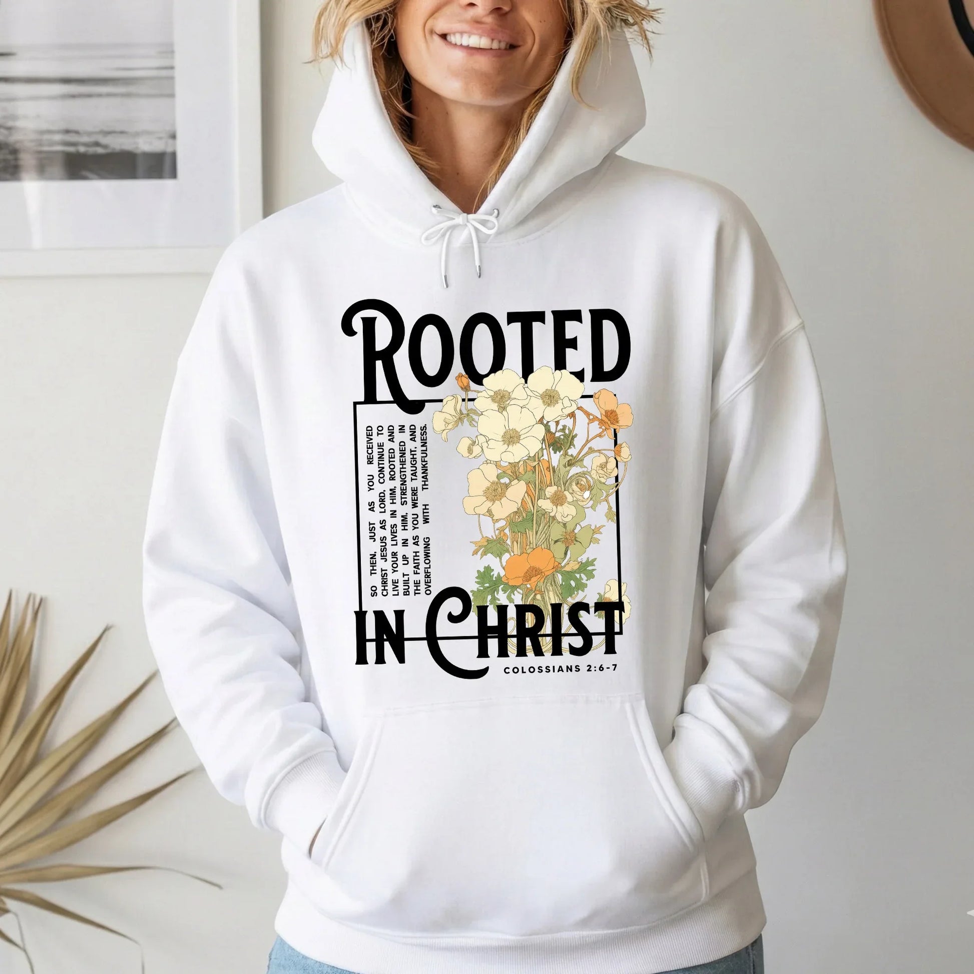 Rooted In Christ Wooden Cross With Growing Roots Design - Faith Floral - Unisex Tshirt / Hoodie / Sweatshirt - Faith Guided Life