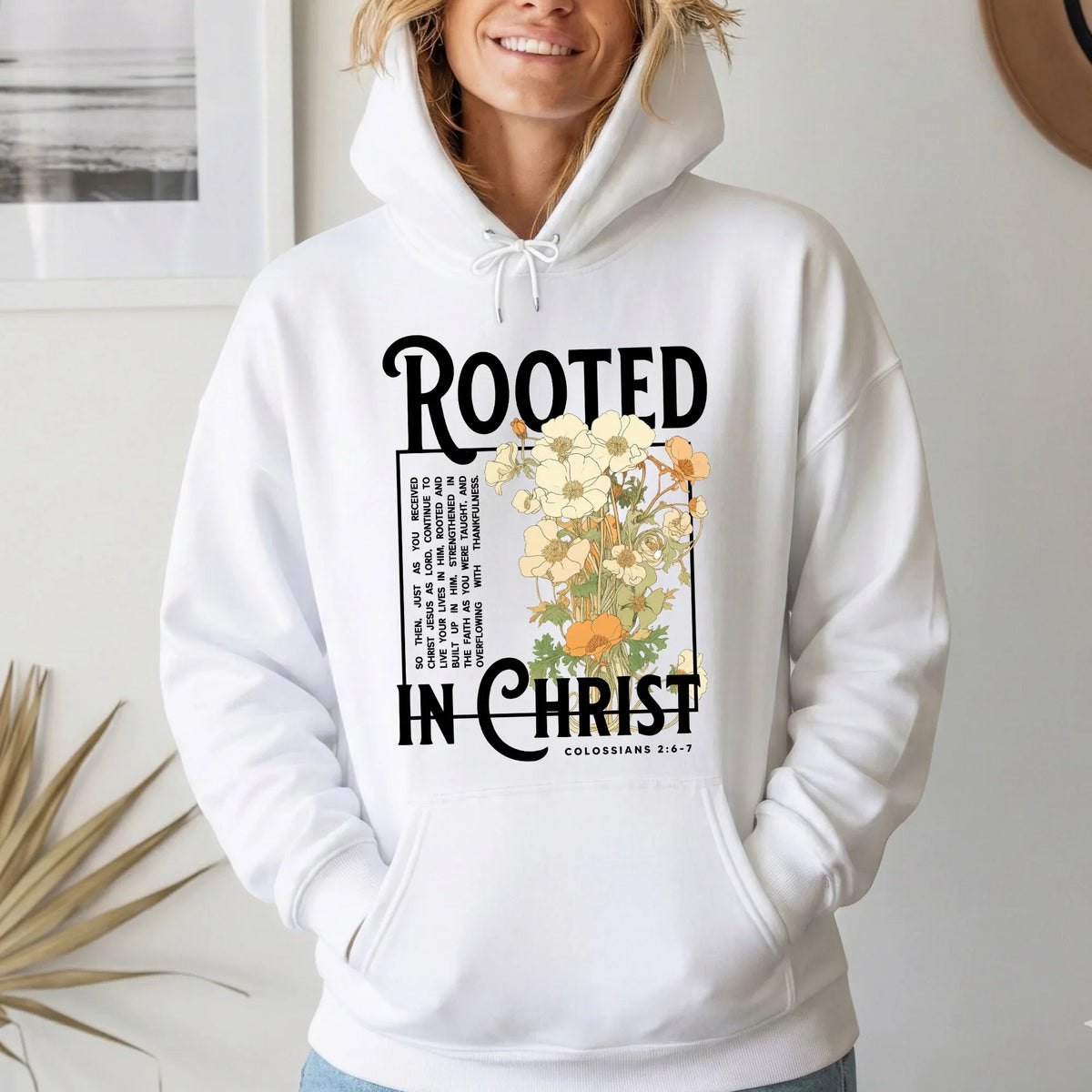 Rooted In Christ Wooden Cross With Growing Roots Design - Faith Floral - Unisex Tshirt / Hoodie / Sweatshirt - Faith Guided Life