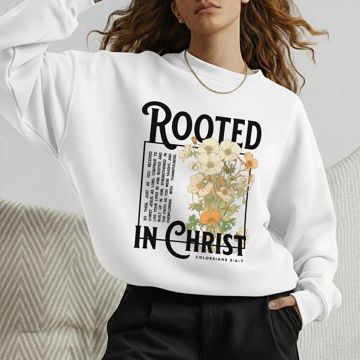 Rooted In Christ Wooden Cross With Growing Roots Design - Faith Floral - Unisex Tshirt / Hoodie / Sweatshirt - Faith Guided Life