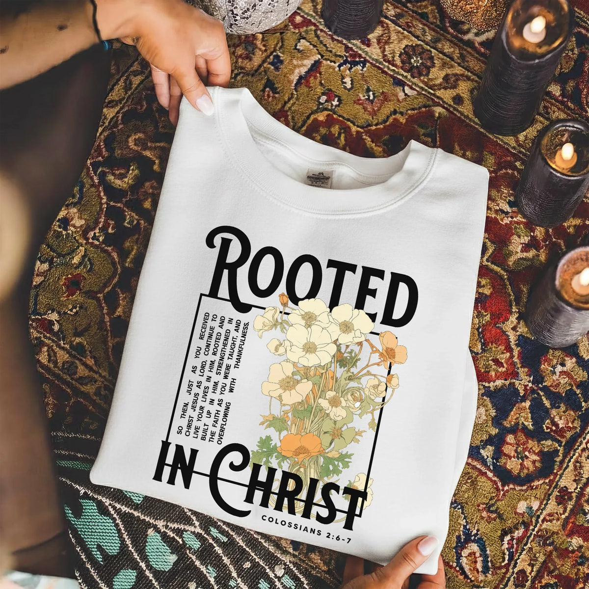 Rooted In Christ Wooden Cross With Growing Roots Design - Faith Floral - Unisex Tshirt / Hoodie / Sweatshirt - Faith Guided Life
