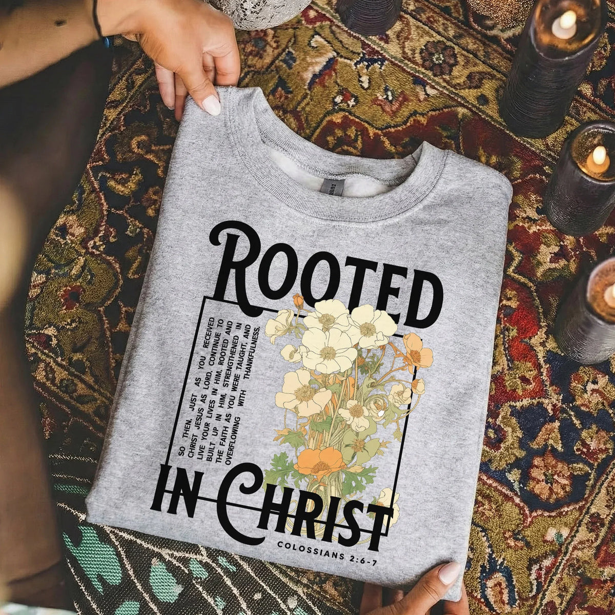 Rooted In Christ Wooden Cross With Growing Roots Design - Faith Floral - Unisex Tshirt / Hoodie / Sweatshirt - Faith Guided Life