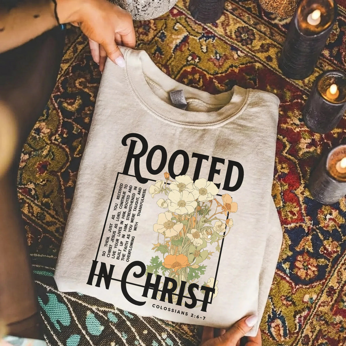 Rooted In Christ Wooden Cross With Growing Roots Design - Faith Floral - Unisex Tshirt / Hoodie / Sweatshirt - Faith Guided Life