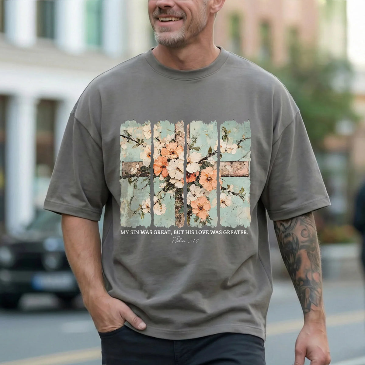 [COMFORT T-SHIRT] My Sin Was Great, His Love Was Greater - Faith Floral - Faith Guided Life
