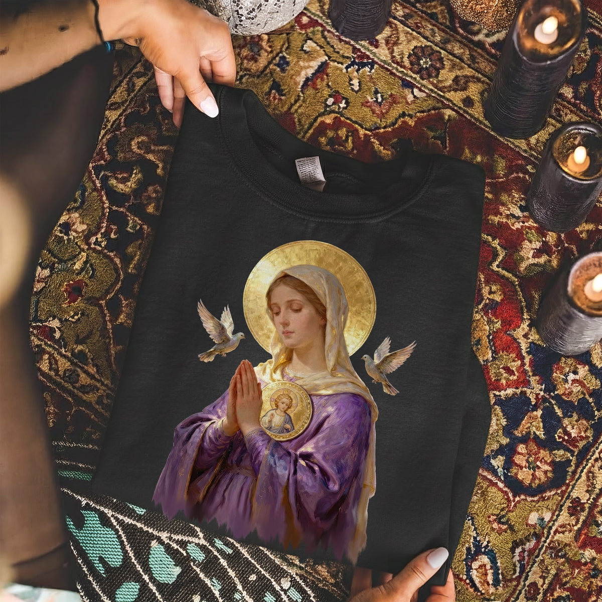 Virgin Mary Prayerful Peaceful – Unisex Tshirt / Hoodie / Sweatshirt