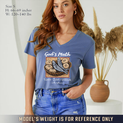 God’s Math Loaves & Fishes Miracle Design- V - Neck Christian Shirt