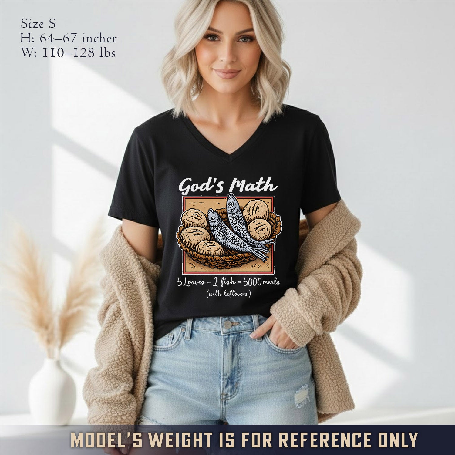 God’s Math Loaves & Fishes Miracle Design- V - Neck Christian Shirt
