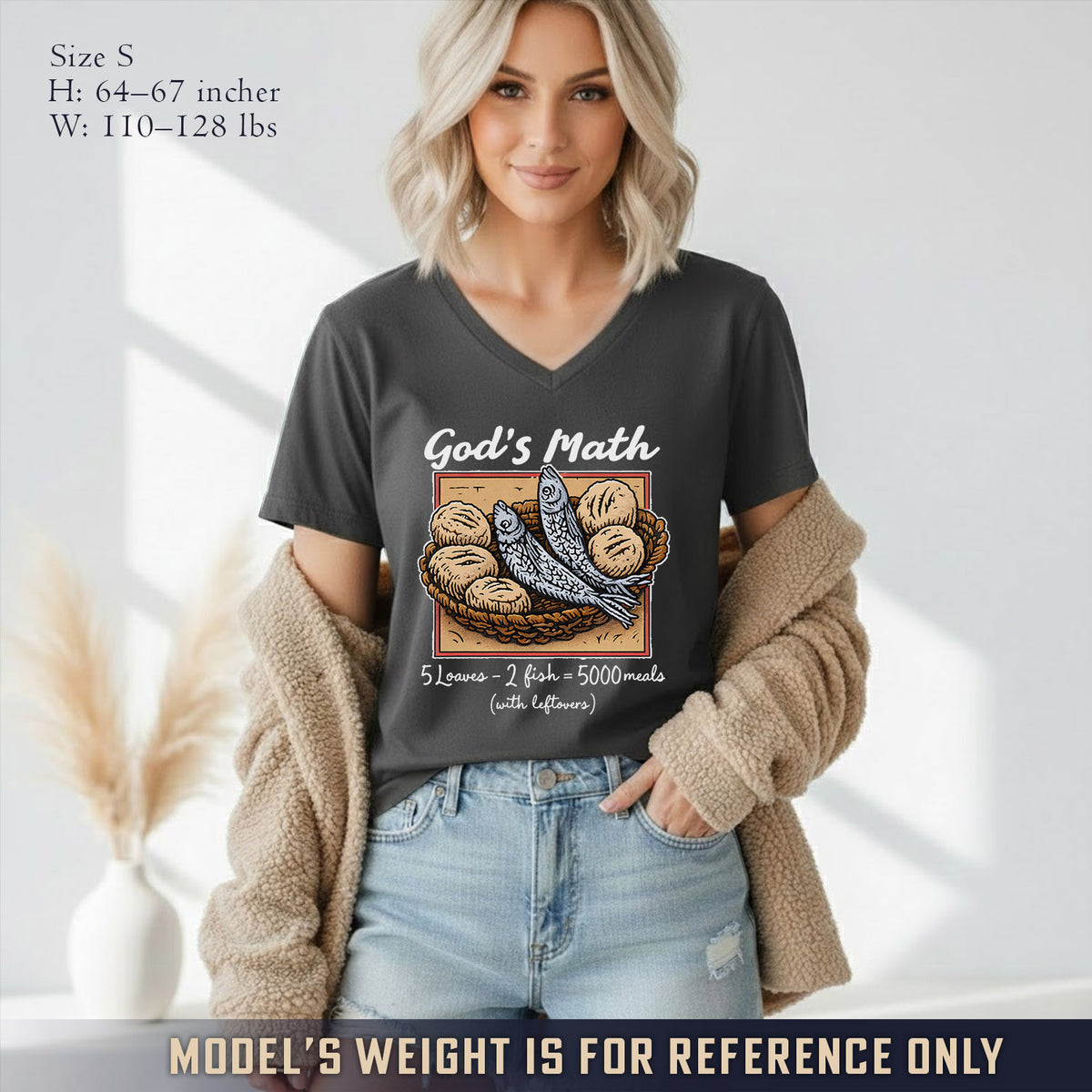 God’s Math Loaves & Fishes Miracle Design- V - Neck Christian Shirt