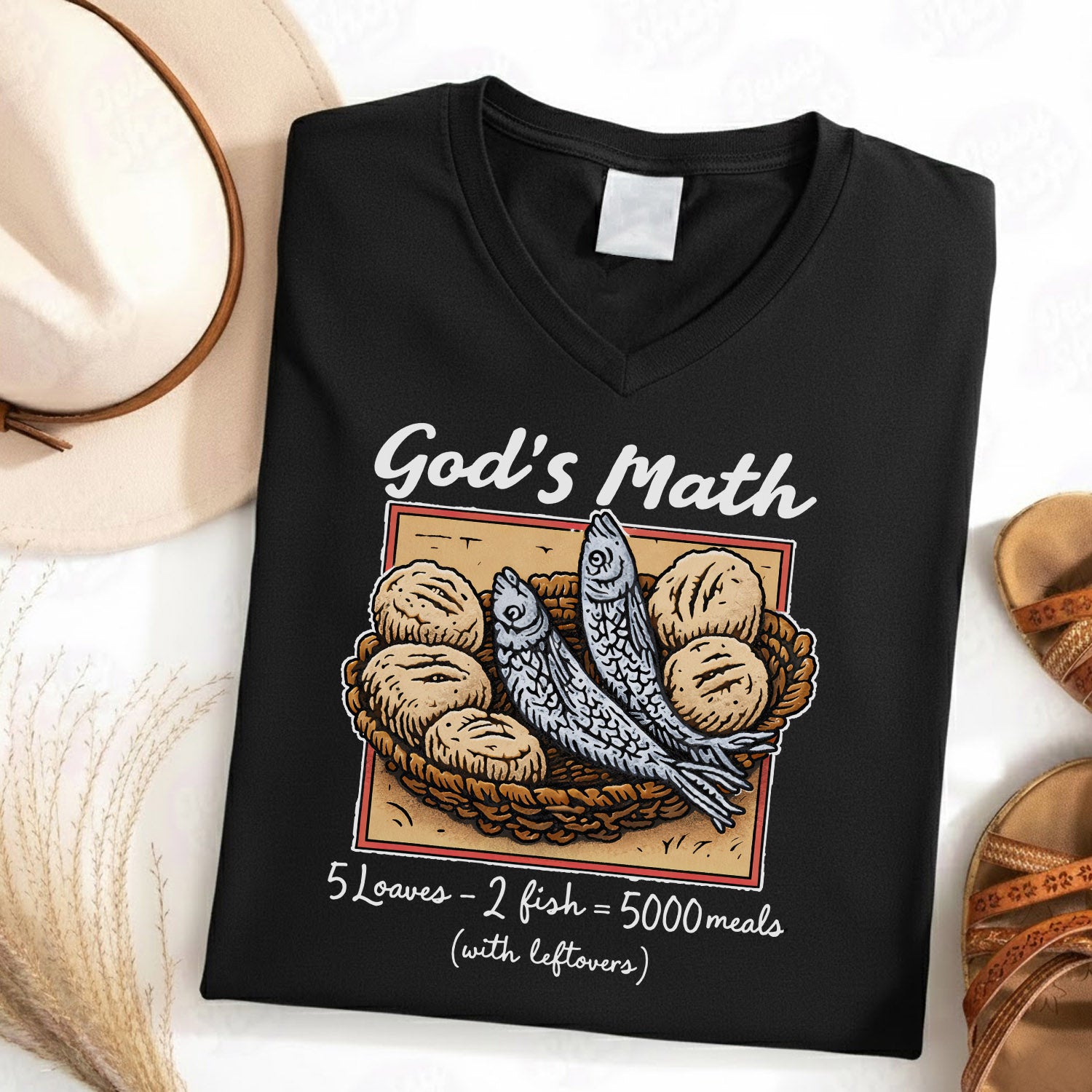 God’s Math Loaves & Fishes Miracle Design- V - Neck Christian Shirt