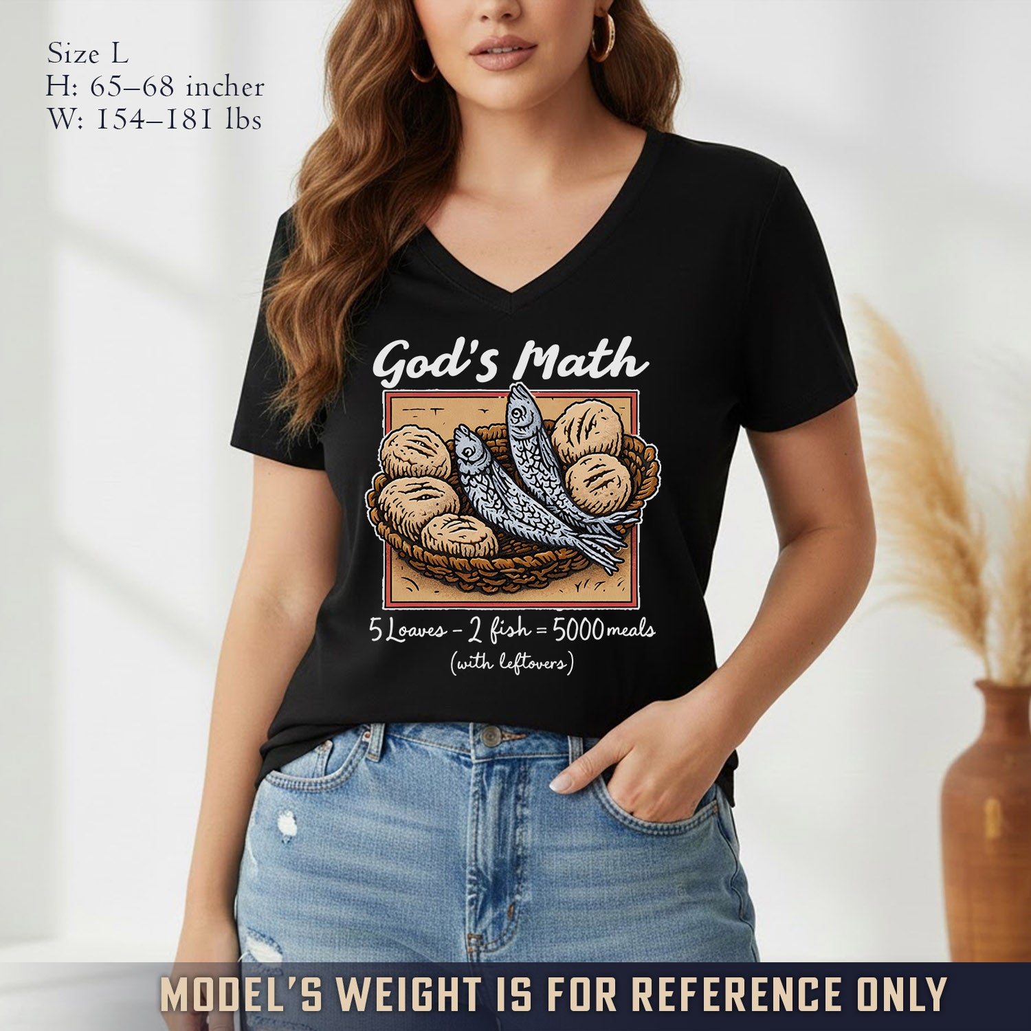 God’s Math Loaves & Fishes Miracle Design- V - Neck Christian Shirt