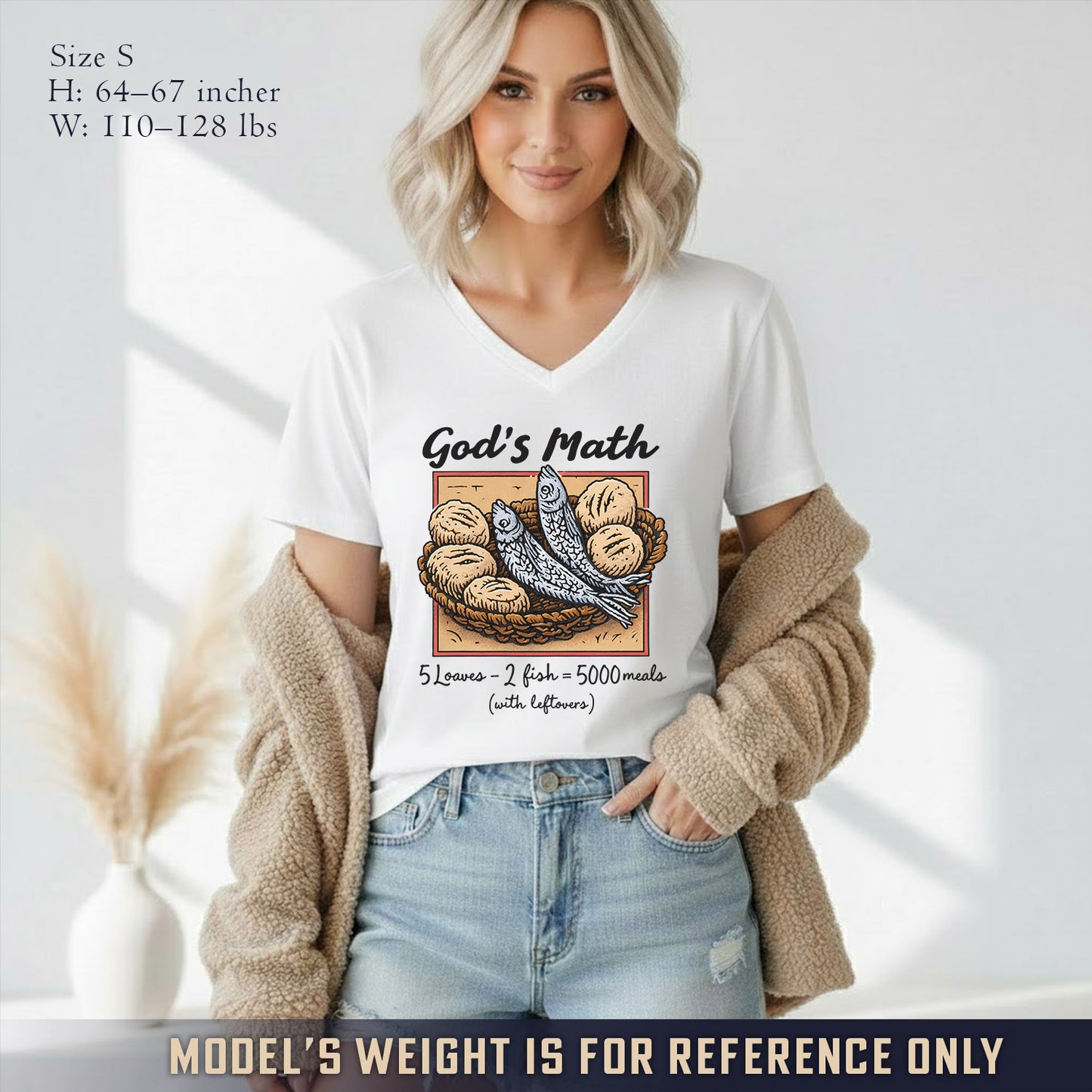 God’s Math Loaves & Fishes Miracle Design- V - Neck Christian Shirt