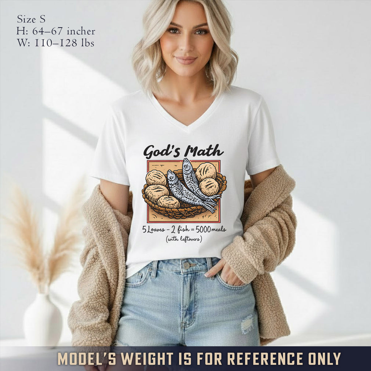 God’s Math Loaves & Fishes Miracle Design- V - Neck Christian Shirt