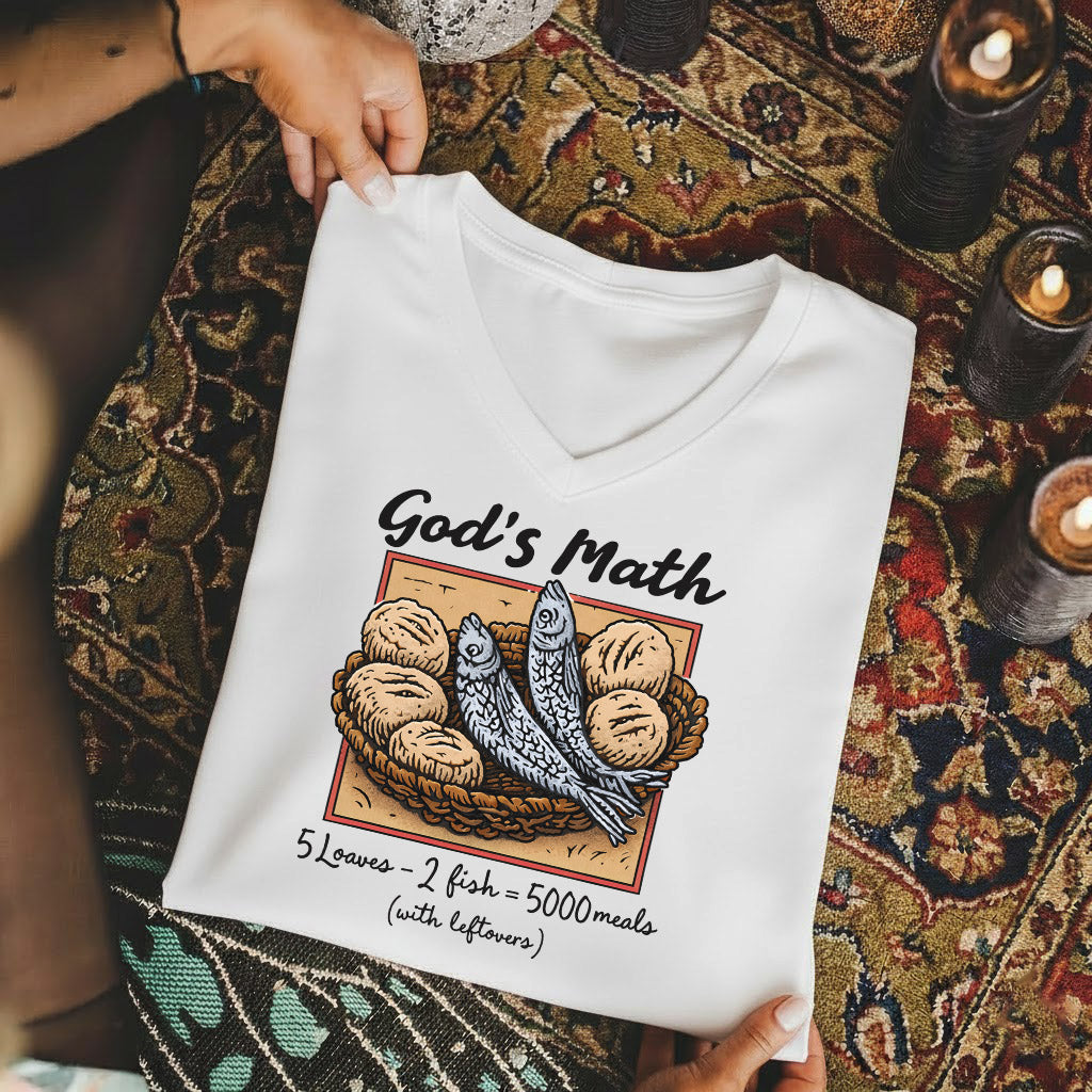 God’s Math Loaves & Fishes Miracle Design- V - Neck Christian Shirt