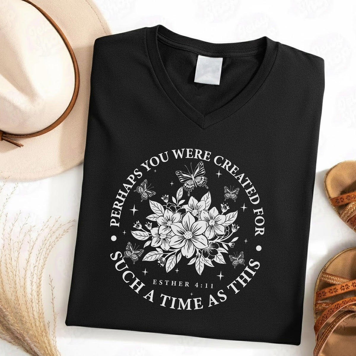 Created For Such A Time As This Butterfly Floral Design - V-Neck Christian Shirt