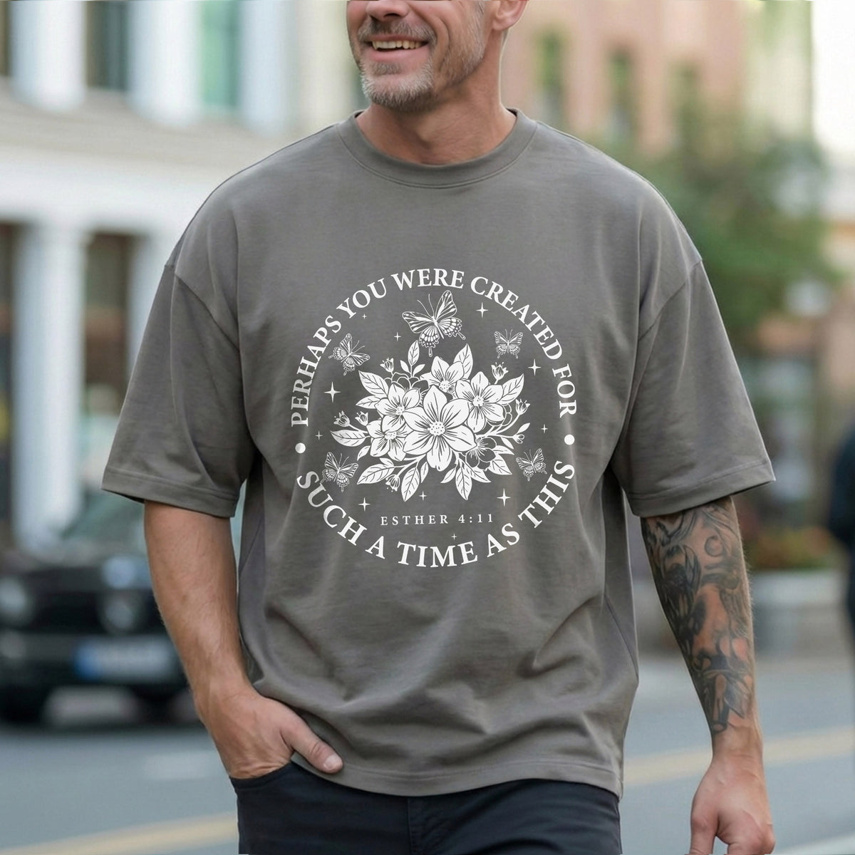 [COMFORT T-SHIRT] Created For Such A Time As This Butterfly Floral Design – Faith Floral