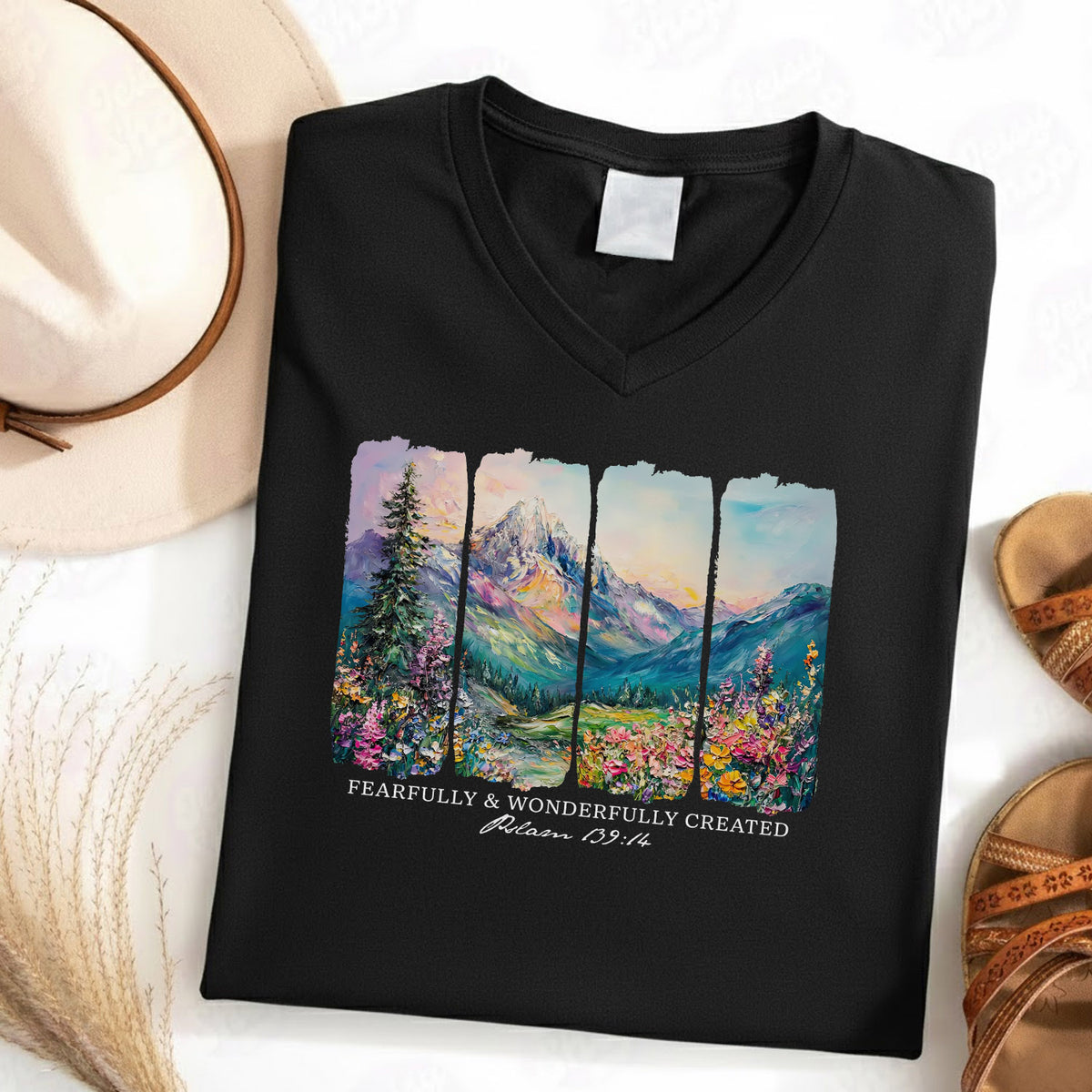 Fearfully & Wonderfully Created Mountain Landscape - V-Neck Christian Shirt