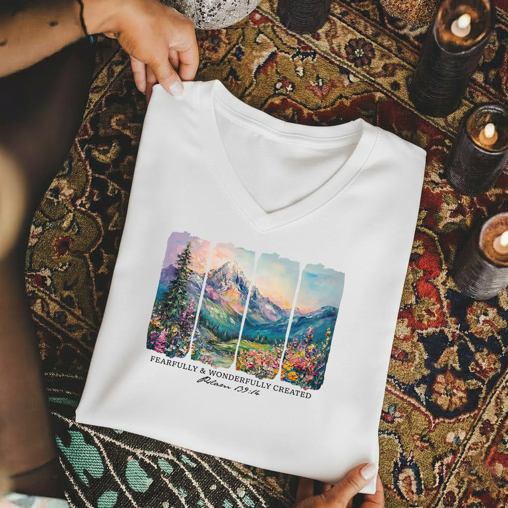 Fearfully & Wonderfully Created Mountain Landscape - V-Neck Christian Shirt