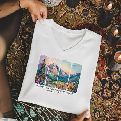 Fearfully & Wonderfully Created Mountain Landscape - V-Neck Christian Shirt