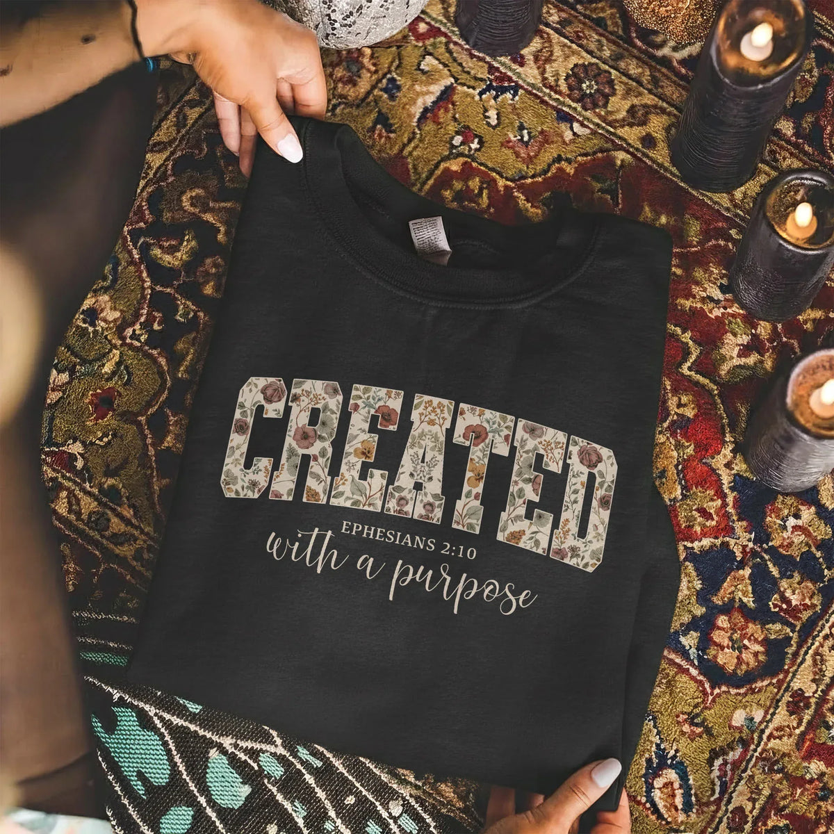 Created With a Purpose Floral Typography Design - Christian Pattern - Unisex Tshirt / Hoodie / Sweatshirt - Faith Guided Life