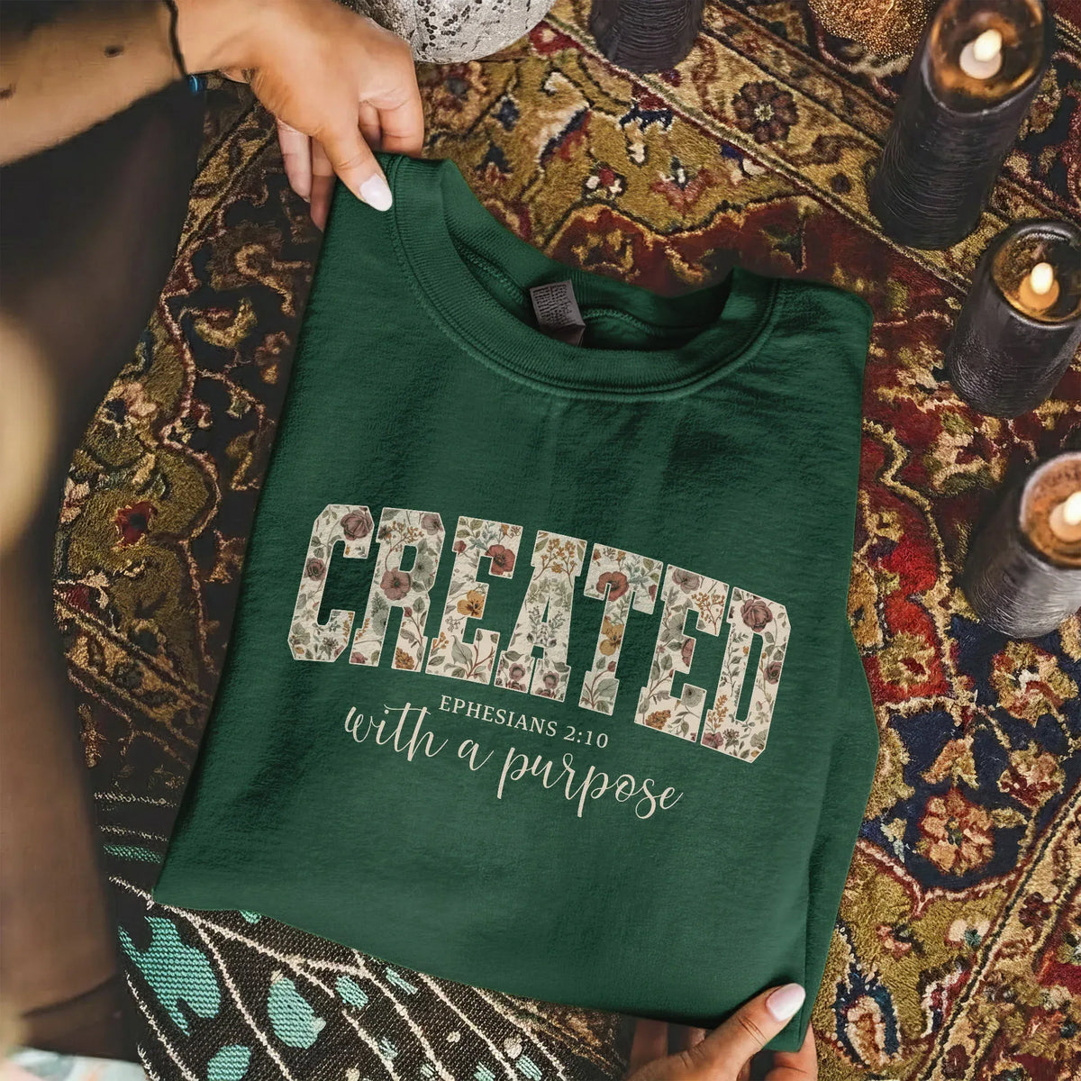 Created With a Purpose Floral Typography Design - Christian Pattern - Unisex Tshirt / Hoodie / Sweatshirt - Faith Guided Life