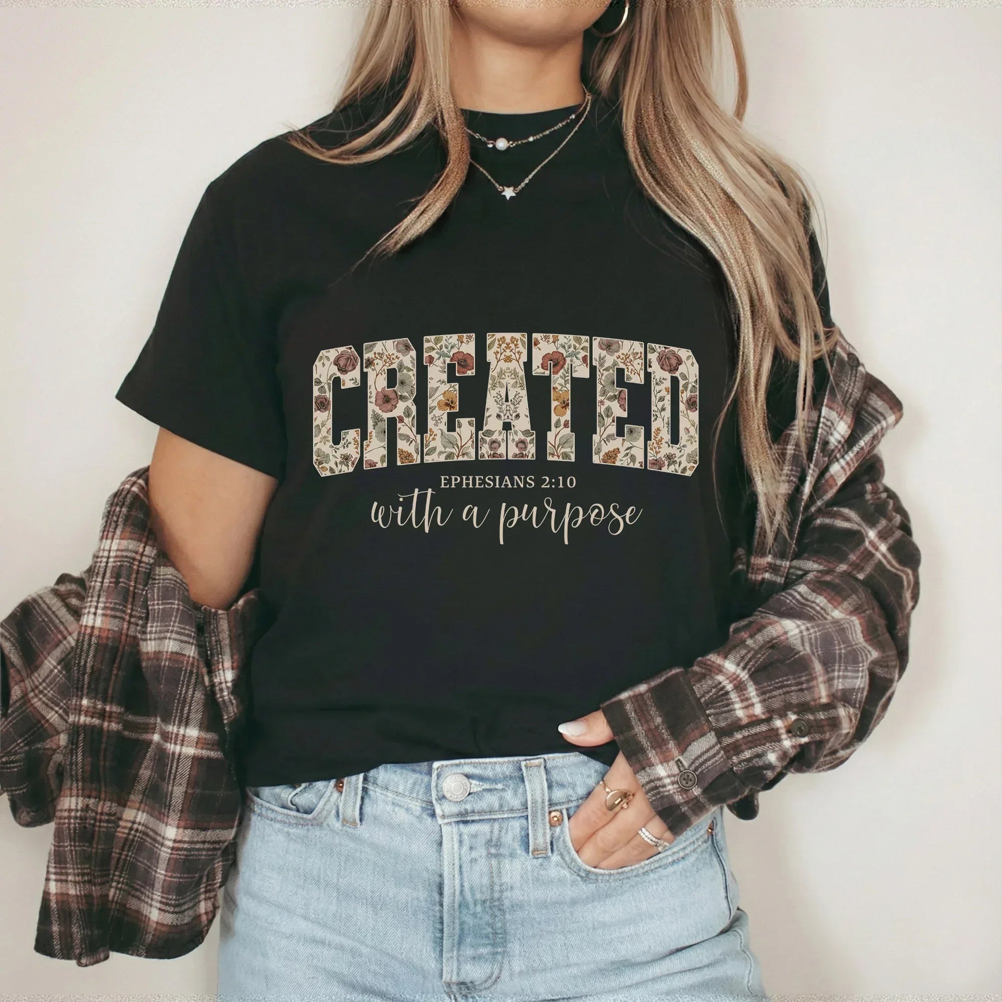 Created With a Purpose Floral Typography Design - Christian Pattern - Unisex Tshirt / Hoodie / Sweatshirt - Faith Guided Life