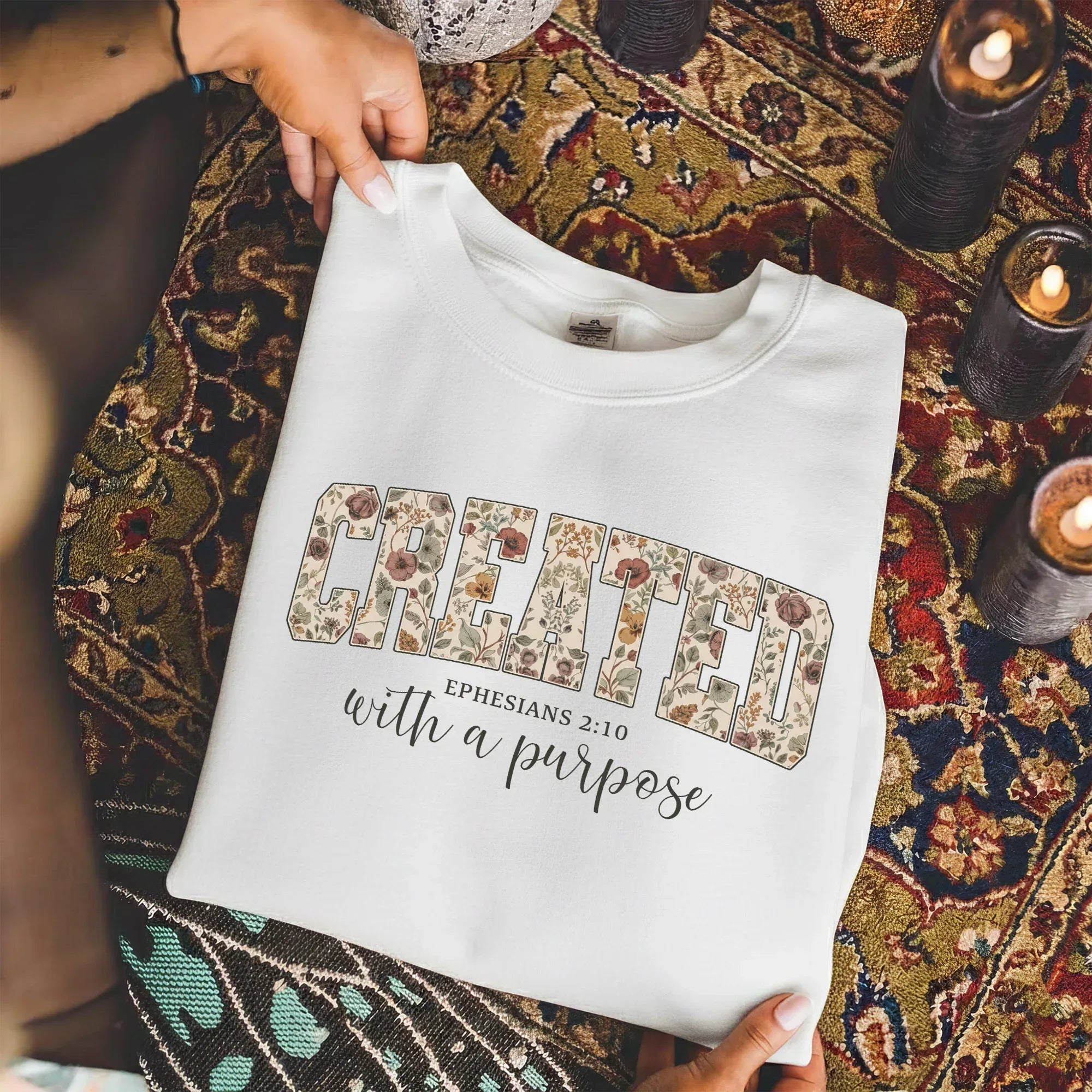 Created With a Purpose Floral Typography Design - Christian Pattern - Unisex Tshirt / Hoodie / Sweatshirt - Faith Guided Life