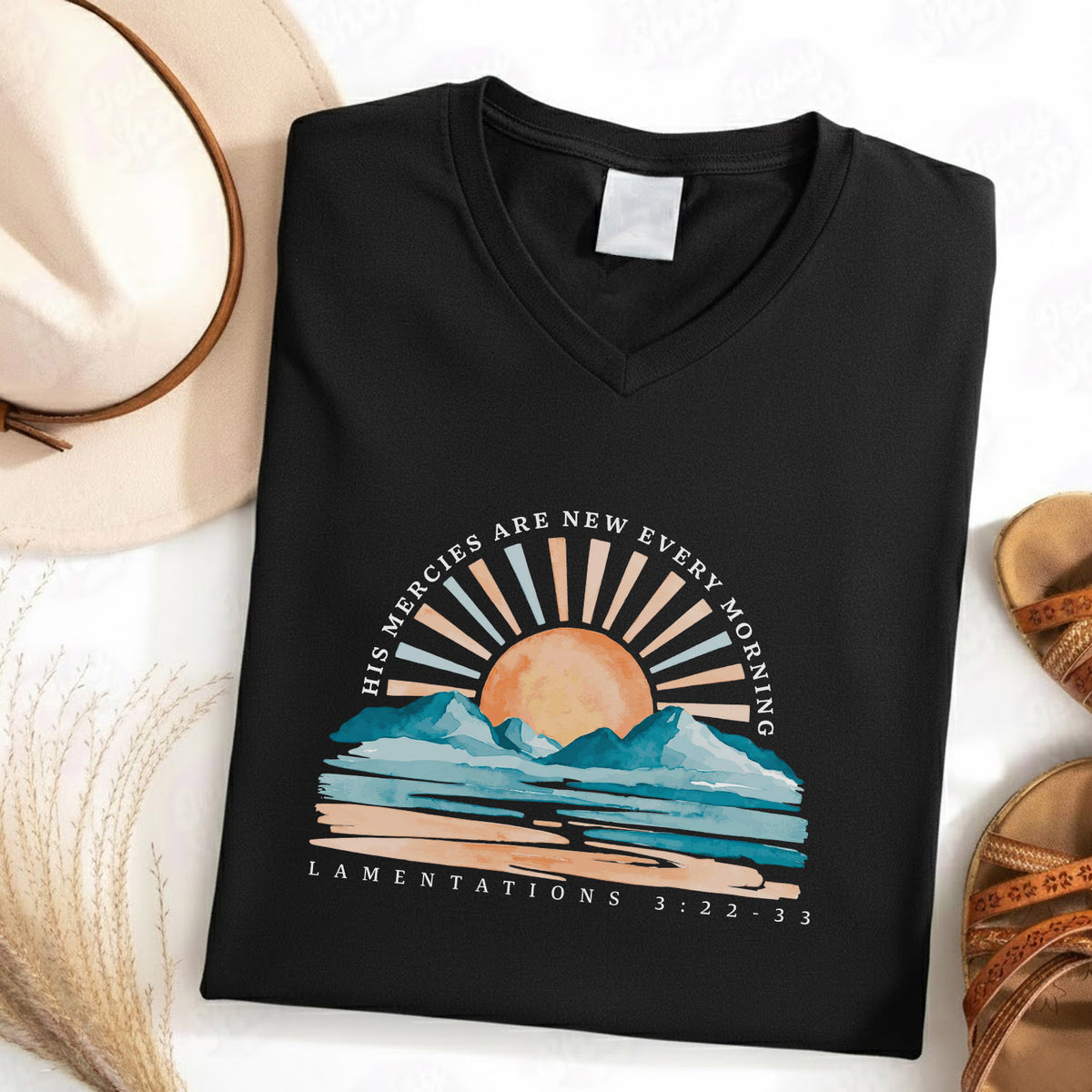 His Mercies Are New Every Morning Sunrise Landscape  - V-Neck Christian Shirt