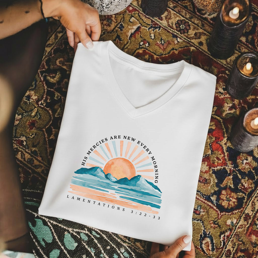 His Mercies Are New Every Morning Sunrise Landscape  - V-Neck Christian Shirt