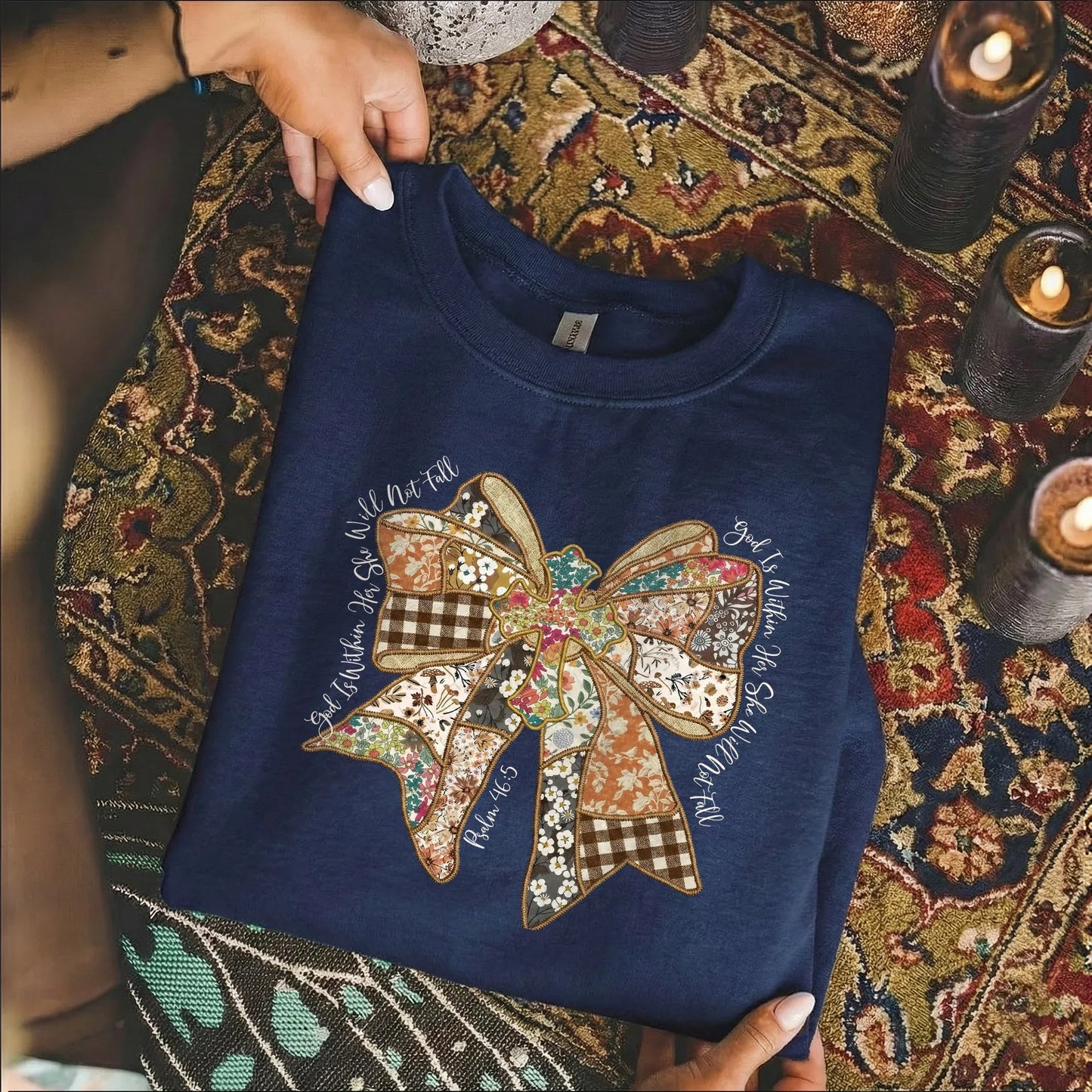 God Is Within Her Patchwork Bow Cross – Faith Floral – Unisex Tshirt / Hoodie / Sweatshirt - Faith Guided Life