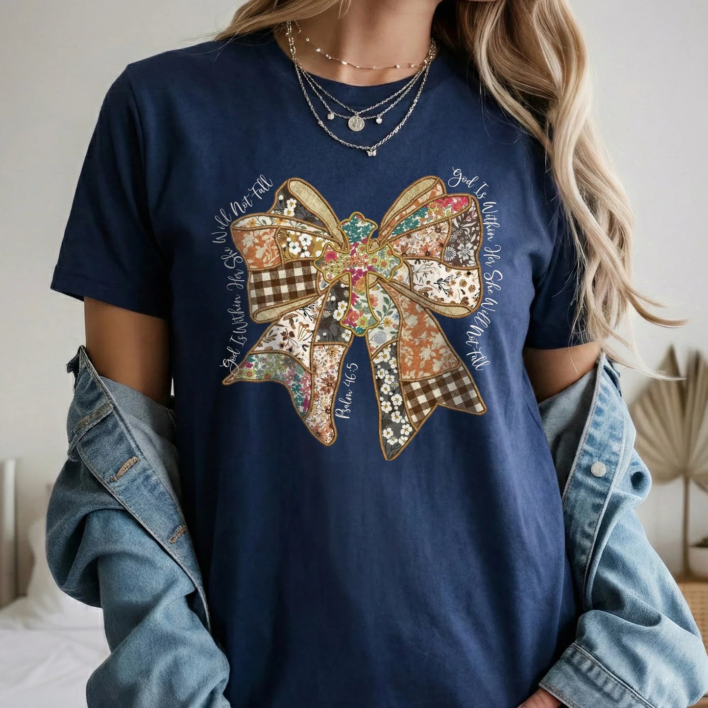 God Is Within Her Patchwork Bow Cross – Faith Floral – Unisex Tshirt / Hoodie / Sweatshirt - Faith Guided Life