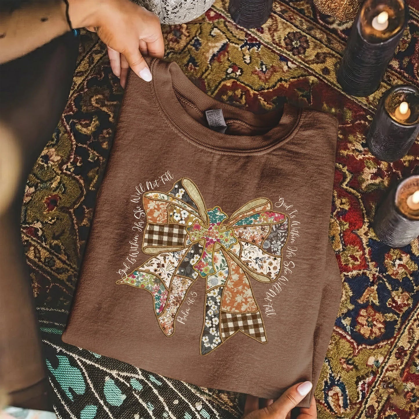 God Is Within Her Patchwork Bow Cross – Faith Floral – Unisex Tshirt / Hoodie / Sweatshirt - Faith Guided Life